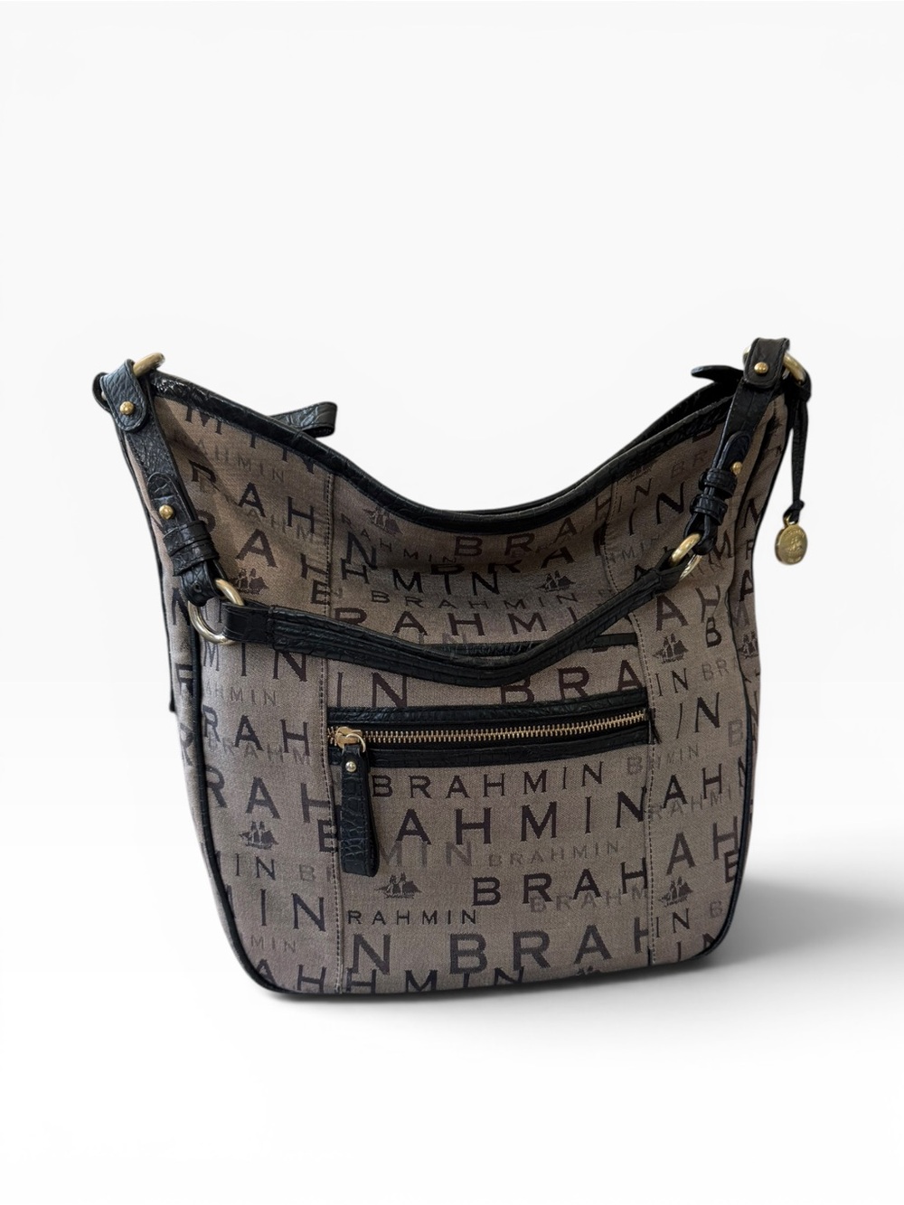 Brahmin Signature Monogram Canvas Hobo Shoulder Bag | Black Leather Trim
